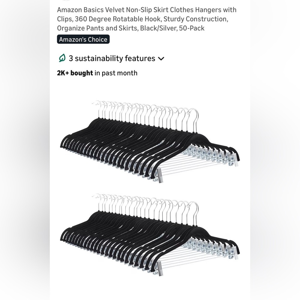 Amazon Basics Black Velvet Skirt Hangers with Clips -20 pack